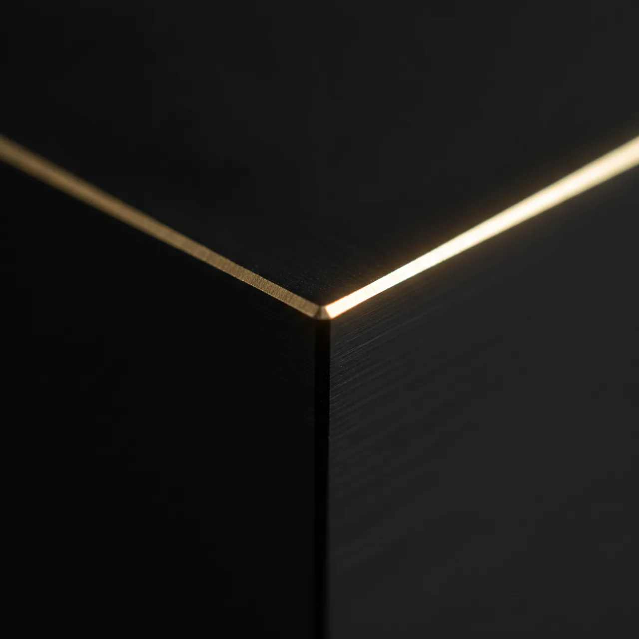 Macro photograph of a matte black anodised edge meeting a hairline of polished champagne gold.