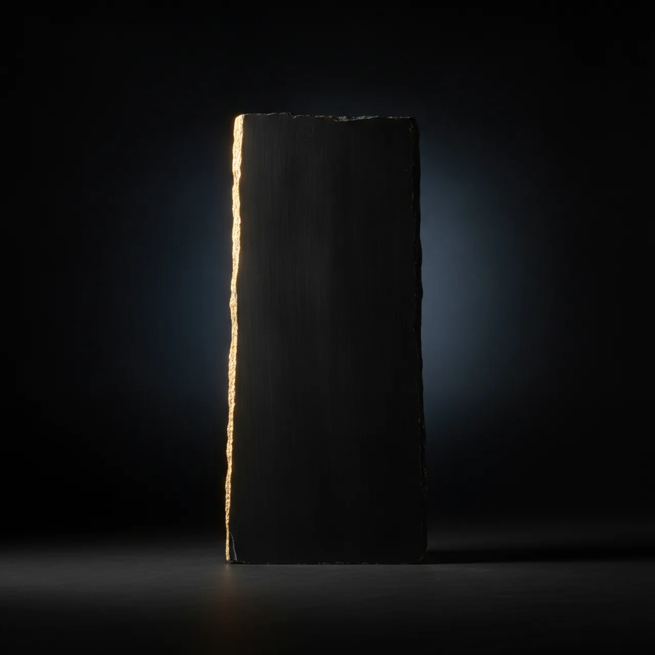 A single monolithic obsidian slab standing in darkness, its left edge caught by a warm champagne rim light.
